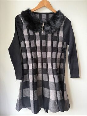 Black & Gray Check Knit Dress Sweater with Faux Fur Collar